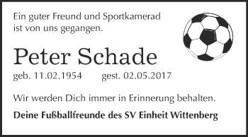 Traueranzeige von Peter Schade von WVG - Wochenspiegel Wittenberg