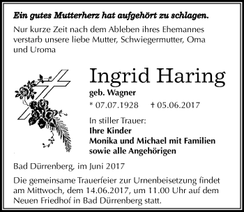 Traueranzeige von Ingrid Haring von Mitteldeutsche Zeitung Merseburg/Querfurt