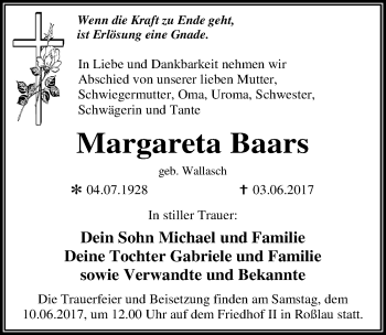 Traueranzeige von Margareta Baars von Mitteldeutsche Zeitung Dessau-Roßlau