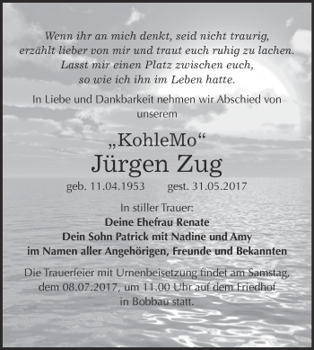 Traueranzeige von Jürgen Zug von WVG - Wochenspiegel Bitterfeld