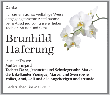 Traueranzeige von Brunhild Haferung von Mitteldeutsche Zeitung Quedlinburg