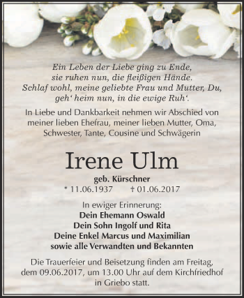 Traueranzeige von Irene Ulm von Super Sonntag Wittenberg
