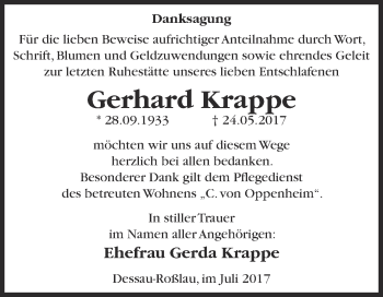 Traueranzeige von Gerhard Krappe von WVG - Wochenspiegel Dessau / Köthen
