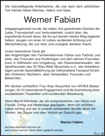 Traueranzeige von Werner Fabian von Mitteldeutsche Zeitung Weißenfels
