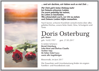 Traueranzeige von Doris Osterburg von Mitteldeutsche Zeitung Mansfelder Land