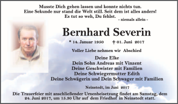 Traueranzeige von Bernhard Severin von WVG - Wochenspiegel Quedlinburg