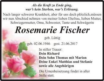 Traueranzeige von Rosemarie Fischer von Super Sonntag Quedlinburg