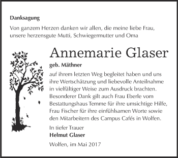 Traueranzeige von Annemarie Glaser von WVG - Wochenspiegel Bitterfeld