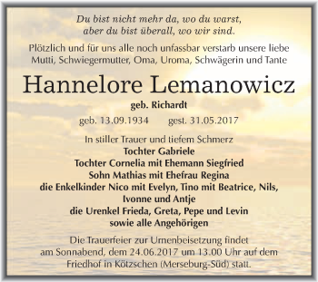 Traueranzeige von Hannelore Lemanowicz von WVG - Wochenspiegel Merseburg