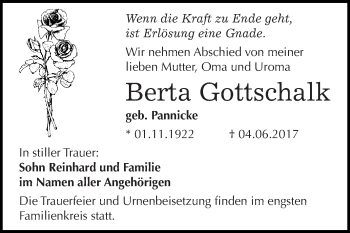 Traueranzeige von Berta Gottschalk von WVG - Wochenspiegel Dessau / Köthen