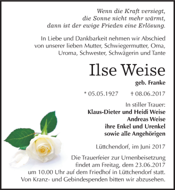 Traueranzeige von Ilse Weise von Mitteldeutsche Zeitung Mansfelder Land