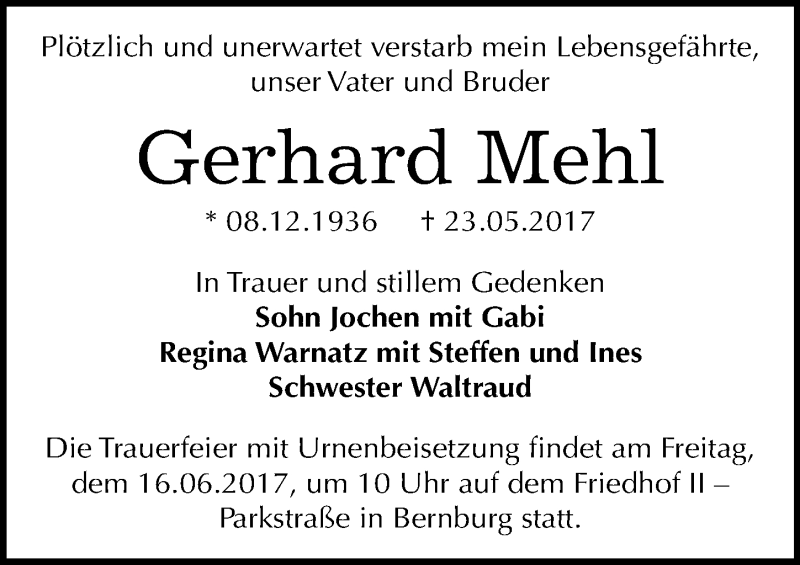  Traueranzeige für Gerhard Mehl vom 03.06.2017 aus Mitteldeutsche Zeitung Bernburg