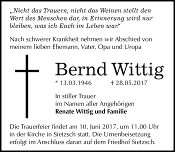 Traueranzeige von Bernd Wittig von Mitteldeutsche Zeitung Halle/Saalkreis