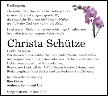 Traueranzeige von Christa Schütze von Super Sonntag SGH Mansf. Land