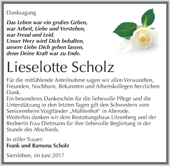 Traueranzeige von Lieselotte Scholz von Mitteldeutsche Zeitung Mansfelder Land
