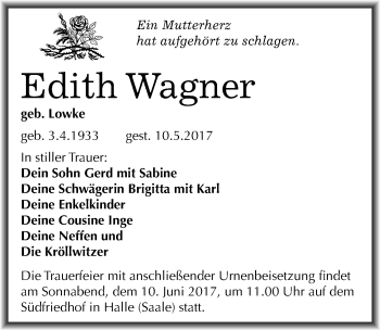 Traueranzeige von Edith Wagner von Mitteldeutsche Zeitung Halle/Saalkreis
