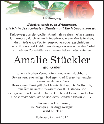 Traueranzeige von Amalie Stückler von Mitteldeutsche Zeitung Mansfelder Land