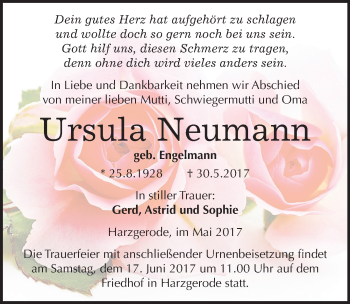 Traueranzeige von Ursula Neumann von Mitteldeutsche Zeitung Quedlinburg