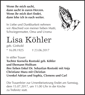 Traueranzeige von Lisa Köhler von Super Sonntag Zeitz