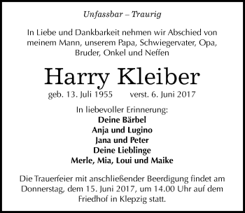 Traueranzeige von Harry Kleiber von Mitteldeutsche Zeitung Halle/Saalkreis