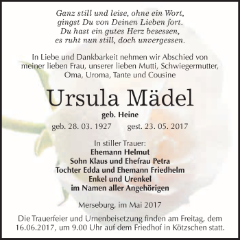 Traueranzeige von Ursula Mädel von WVG - Wochenspiegel Merseburg