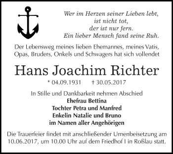 Traueranzeige von Hans Joachim Richter von WVG - Wochenspiegel Dessau / Köthen