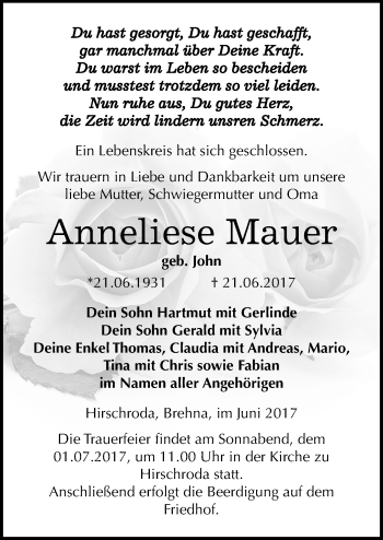 Traueranzeige von Anneliese Mauer von Mitteldeutsche Zeitung Naumburg/Nebra