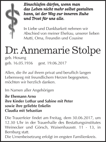 Traueranzeige von Annemarie Stolpe von Super Sonntag Bernburg
