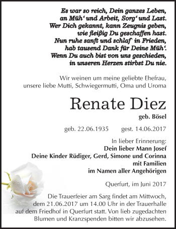 Traueranzeige von Renate Diez von Mitteldeutsche Zeitung Merseburg/Querfurt