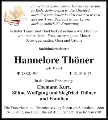 Traueranzeige von Hannelore Thöner von WVG - Wochenspiegel Dessau / Köthen