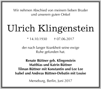 Traueranzeige von Ulrich Klingenstein von WVG - Wochenspiegel Merseburg