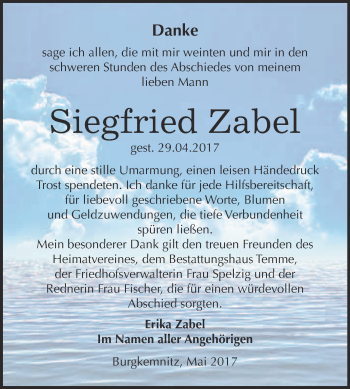 Traueranzeige von Siegfried Zabel von WVG - Wochenspiegel Bitterfeld
