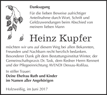 Traueranzeige von Heinz Kupfer von WVG - Wochenspiegel Bitterfeld