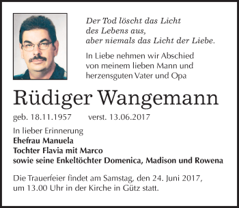 Traueranzeige von Rüdiger Wangemann von Mitteldeutsche Zeitung Halle/Saalkreis