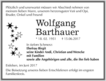 Traueranzeige von Wolfgang Barthauer von Mitteldeutsche Zeitung Mansfelder Land