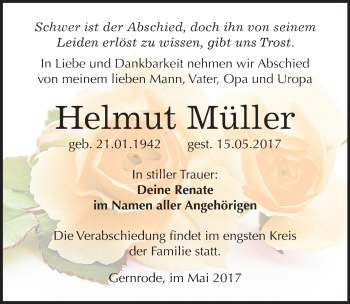 Traueranzeige von Helmut Müller von Mitteldeutsche Zeitung Quedlinburg
