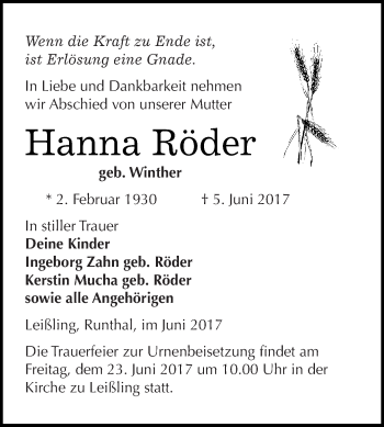 Traueranzeige von Hanna Röder von WVG - Wochenspiegel NMB / WSF / ZTZ