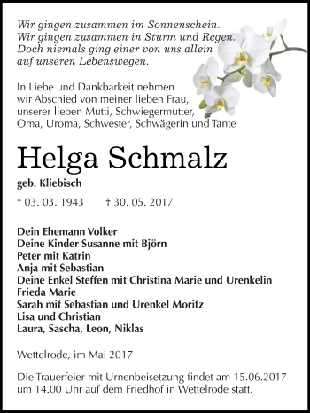 Traueranzeige von Helga Schmalz von Super Sonntag SGH Mansf. Land
