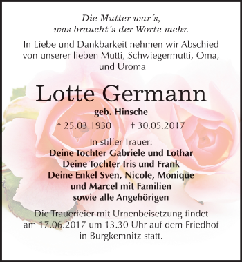 Traueranzeige von Lotte Germann von Mitteldeutsche Zeitung Bitterfeld