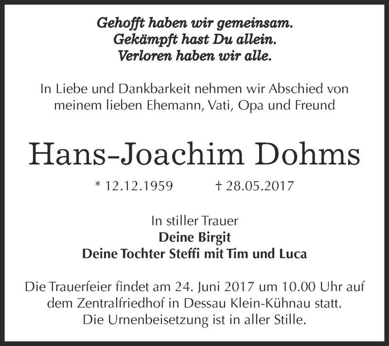  Traueranzeige für Hans-Joachim Dohms vom 10.06.2017 aus WVG - Wochenspiegel Dessau / Köthen