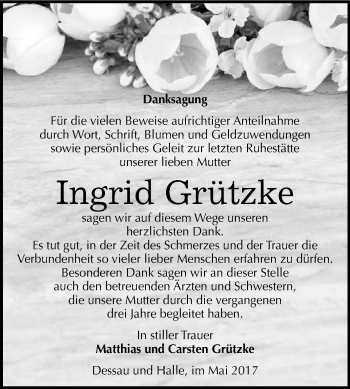 Traueranzeige von Ingrid Grützke von WVG - Wochenspiegel Wittenberg