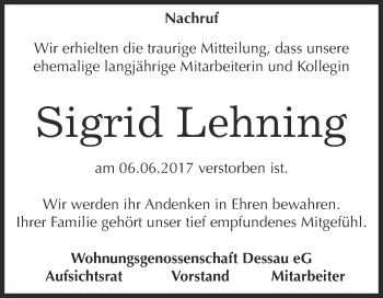Traueranzeige von Sigrid Lehning von Super Sonntag Dessau / Köthen