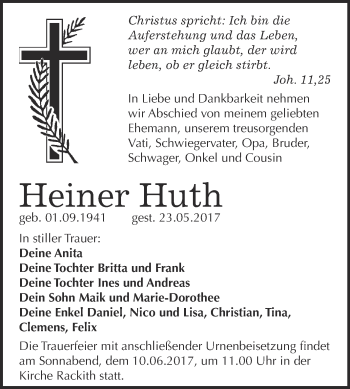 Traueranzeige von Heiner Huth von WVG - Wochenspiegel Wittenberg