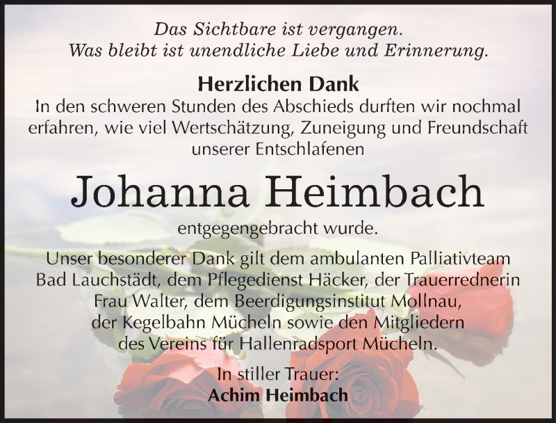  Traueranzeige für Johanna Heimbach vom 24.06.2017 aus Mitteldeutsche Zeitung Merseburg/Querfurt