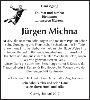 Traueranzeige von Jürgen Michna von Super Sonntag Wittenberg