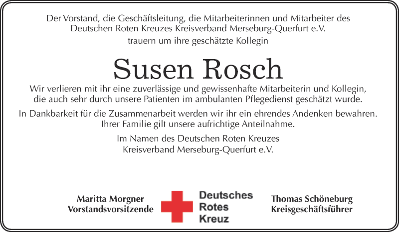  Traueranzeige für Susen Rosch vom 01.07.2017 aus WVG - Wochenspiegel Merseburg