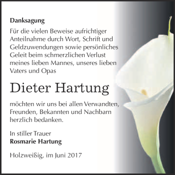 Traueranzeige von Dieter Hartung von WVG - Wochenspiegel Bitterfeld