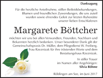 Traueranzeige von Margarete Böttcher von Mitteldeutsche Zeitung Mansfelder Land