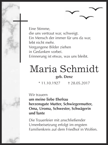 Traueranzeige von Maria Schmidt von WVG - Wochenspiegel Bitterfeld