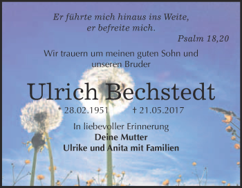 Traueranzeige von Ulrich Bechstedt von Super Sonntag Quedlinburg